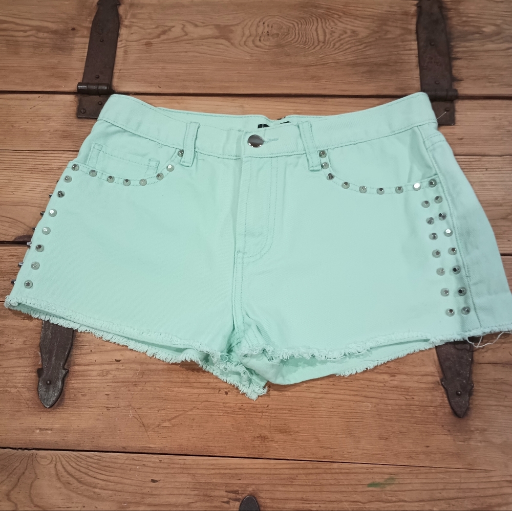 Forever 21 Mint Green Studded Frayed Hem Denim Shorts Cutoffs